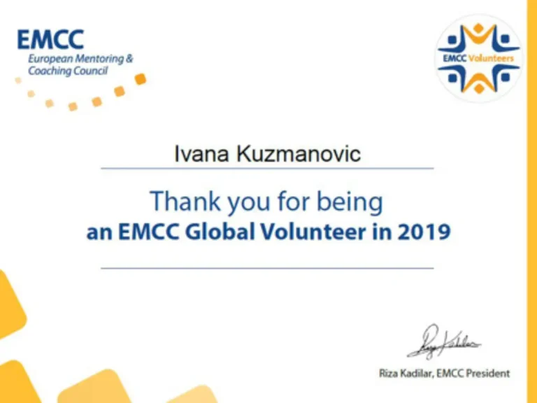 EMCC sertifikat zahvalnosti Ivani Kuzmanović za volonterski rad 2019